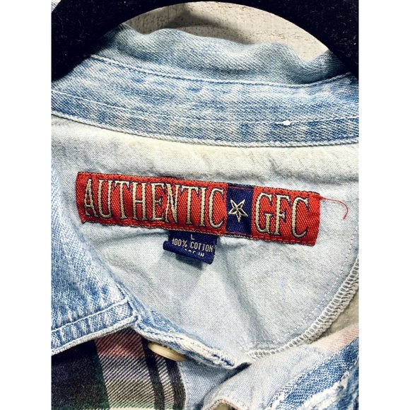 Vintage Polo Shirt Plaid With Denim Collar Men’s Size Large Casual 3 Button - Picture 2 of 3